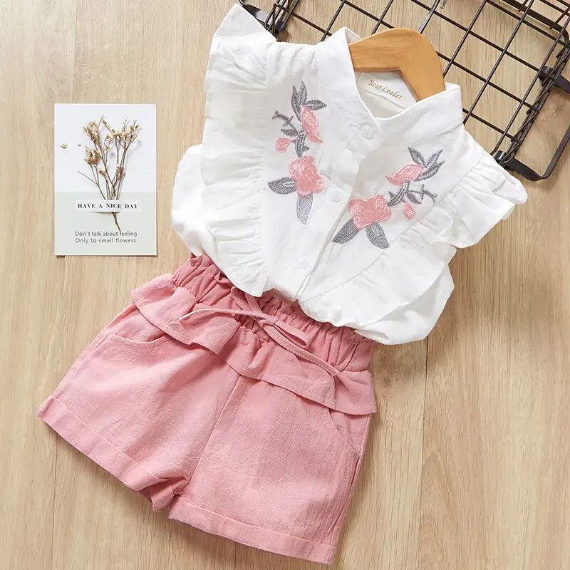 Bear Leader Kids Clothes Girls Summer Embroidered Flower Flying Sleeve Top+Bow Elastic Shorts Set White Shirt Set