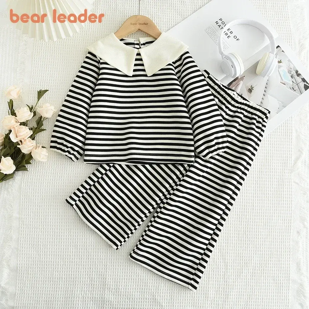 Bear Leader Autumn Black and White Striped Two-piece Sets Girls Clothes Long Sleeved Lapel Top+straight Leg Wide Leg Pants Suits