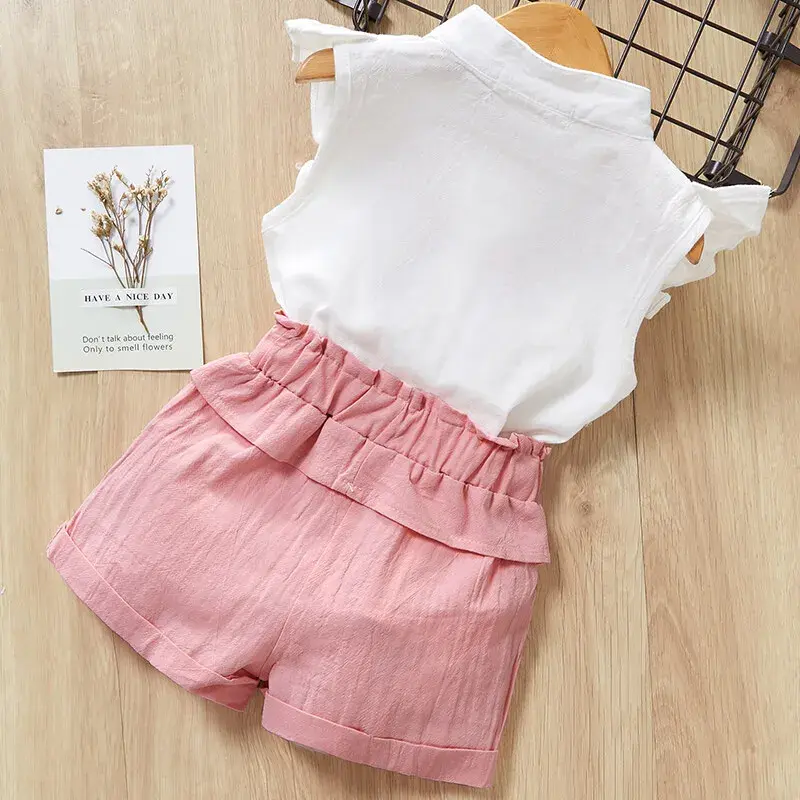 Bear Leader Kids Clothes Girls Summer Embroidered Flower Flying Sleeve Top+Bow Elastic Shorts Set White Shirt Set