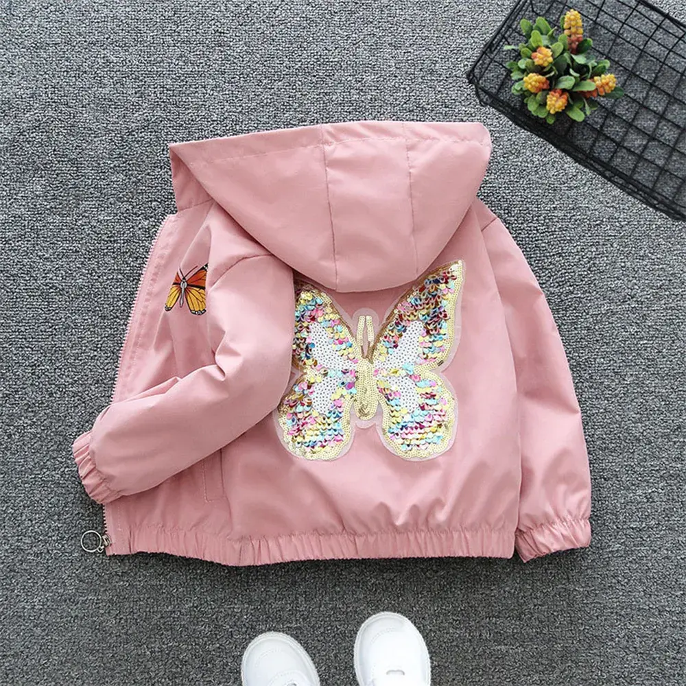 Bear Leader Girls' Jacket 2023 Autumn/Winter New Children's Hooded Coat Sequin Butterfly Zipper Jacket Children's Fashion Jacket