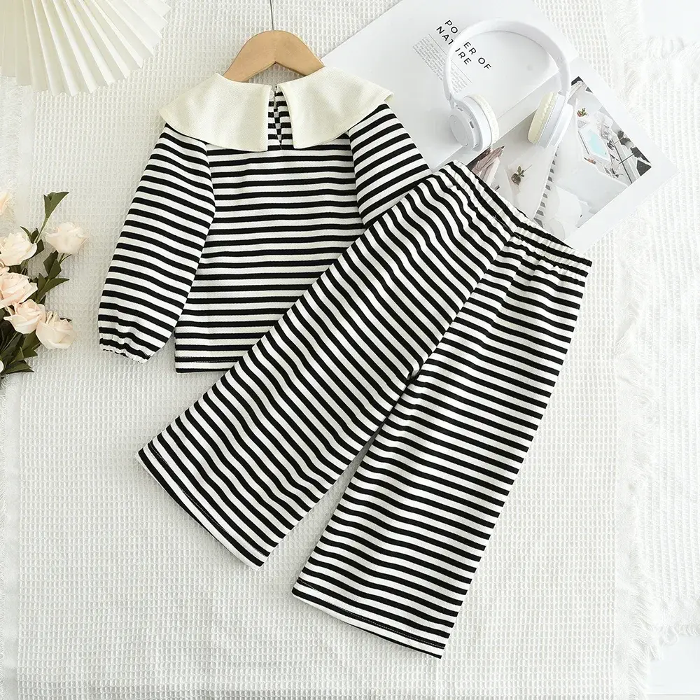 Bear Leader Autumn Black and White Striped Two-piece Sets Girls Clothes Long Sleeved Lapel Top+straight Leg Wide Leg Pants Suits