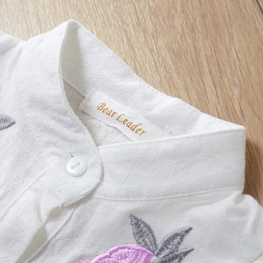 Bear Leader Kids Clothes Girls Summer Embroidered Flower Flying Sleeve Top+Bow Elastic Shorts Set White Shirt Set