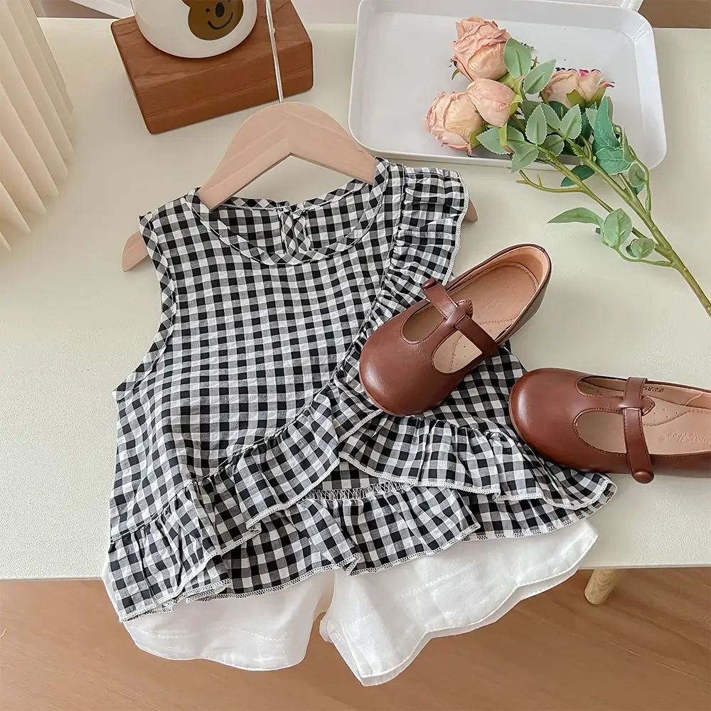Bear Leader Girls' Set 2023 Summer New Casual Girls' Round Neck Plaid Ruffle Tank Top+Shorts Two Piece Girls' Fashion Set