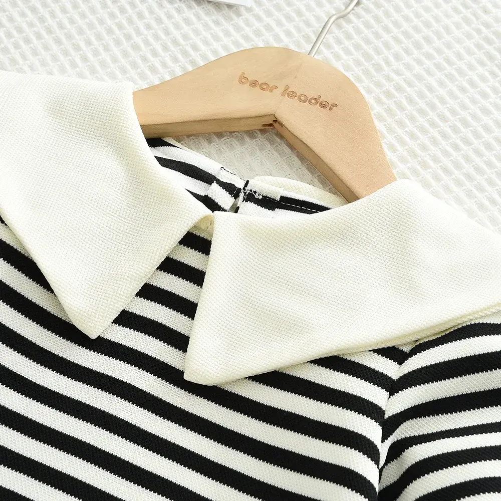 Bear Leader Autumn Black and White Striped Two-piece Sets Girls Clothes Long Sleeved Lapel Top+straight Leg Wide Leg Pants Suits