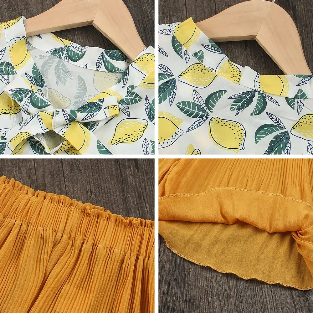Bear Leader Fashion Girls' Set 2023 Summer New Children's Set Cute Lace up Sleeveless Print Top+Solid Flare Pants Two Piece Set