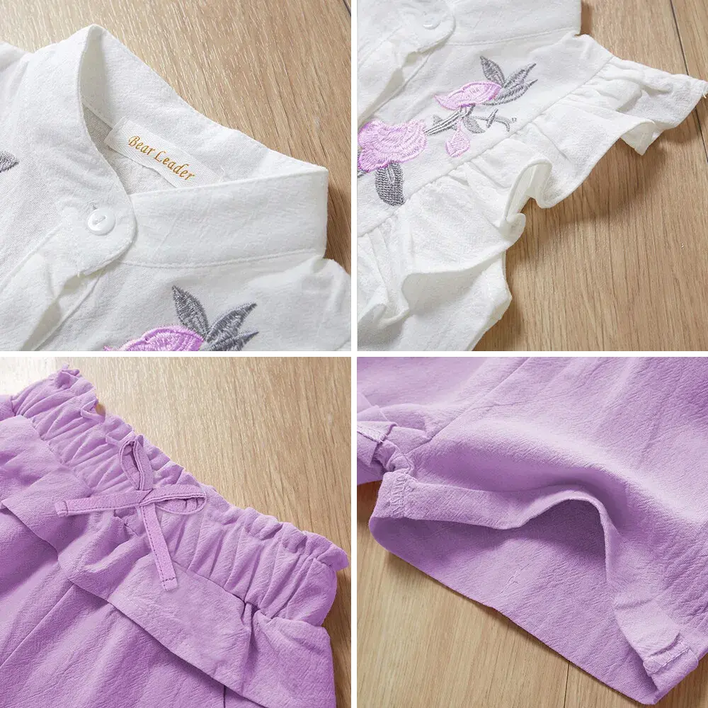 Bear Leader Kids Clothes Girls Summer Embroidered Flower Flying Sleeve Top+Bow Elastic Shorts Set White Shirt Set