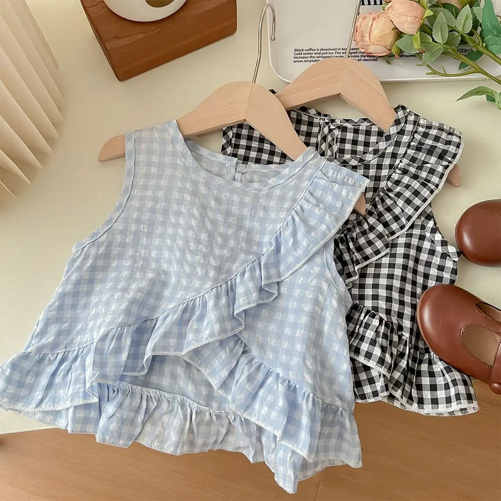 Bear Leader Girls' Set 2023 Summer New Casual Girls' Round Neck Plaid Ruffle Tank Top+Shorts Two Piece Girls' Fashion Set