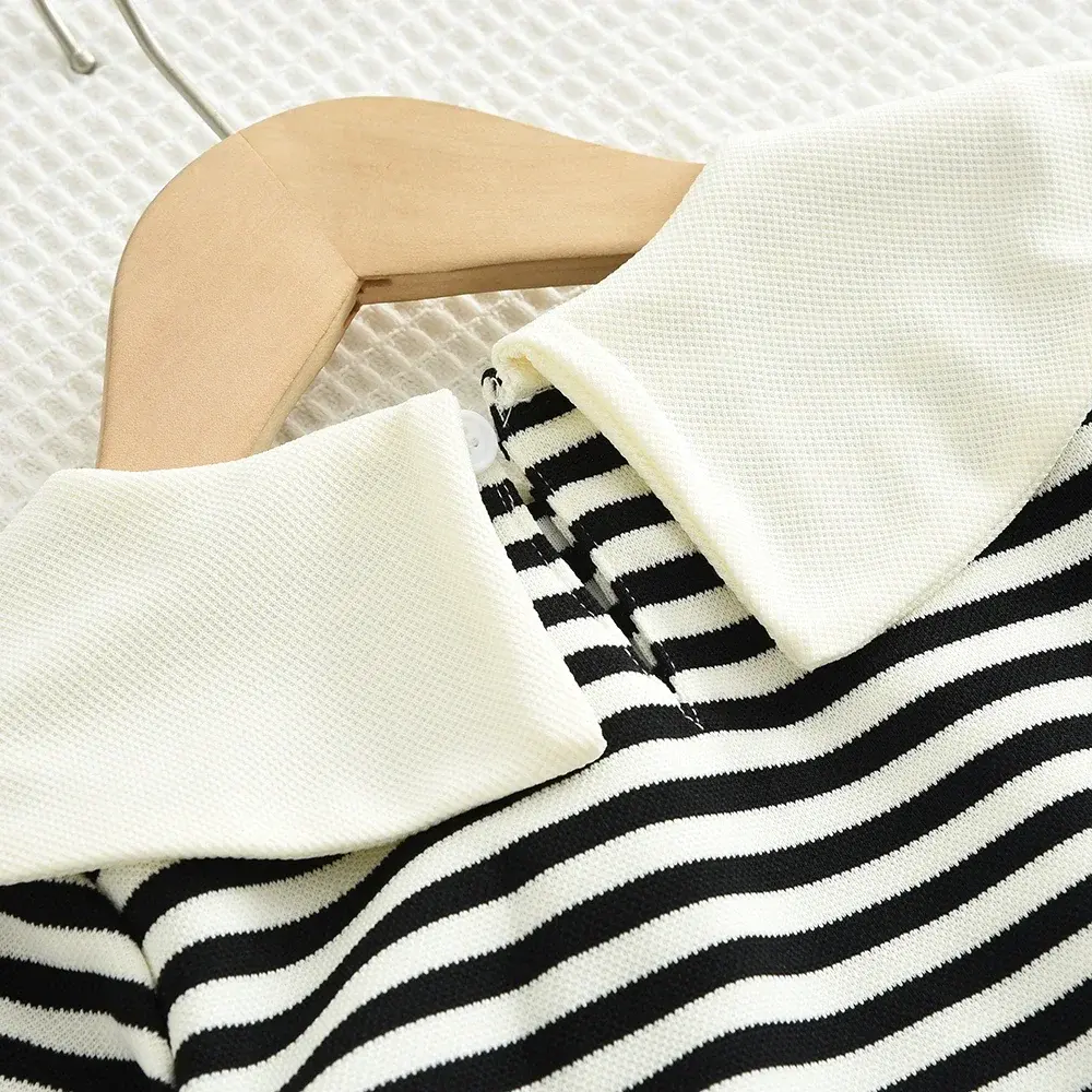 Bear Leader Autumn Black and White Striped Two-piece Sets Girls Clothes Long Sleeved Lapel Top+straight Leg Wide Leg Pants Suits