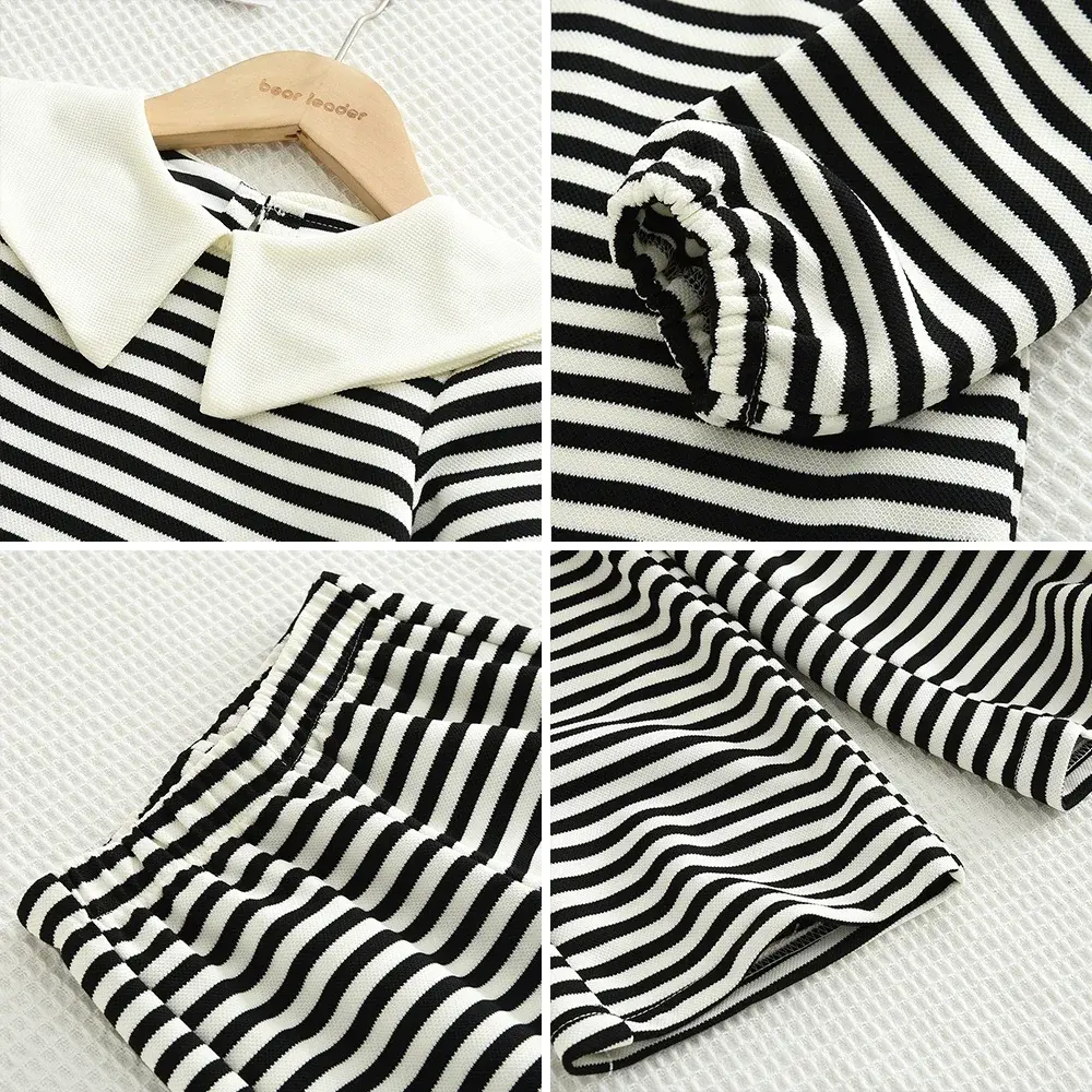 Bear Leader Autumn Black and White Striped Two-piece Sets Girls Clothes Long Sleeved Lapel Top+straight Leg Wide Leg Pants Suits