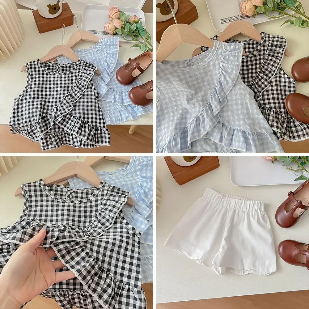 Bear Leader Girls' Set 2023 Summer New Casual Girls' Round Neck Plaid Ruffle Tank Top+Shorts Two Piece Girls' Fashion Set