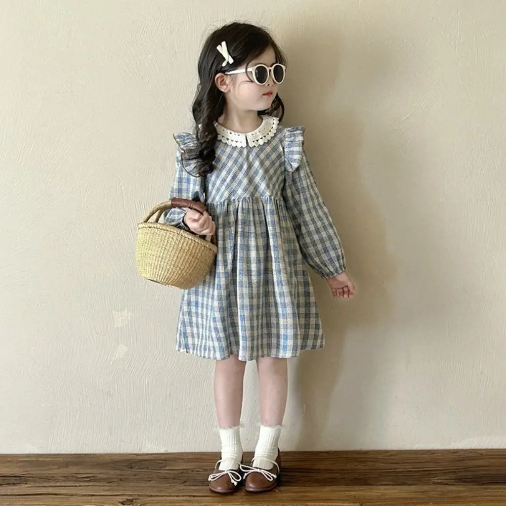 Bear Leader Korean Version Plain Color Girls Casual Dresses Autumn Fashionable Long Sleeved Checkered Printed Children's Dress