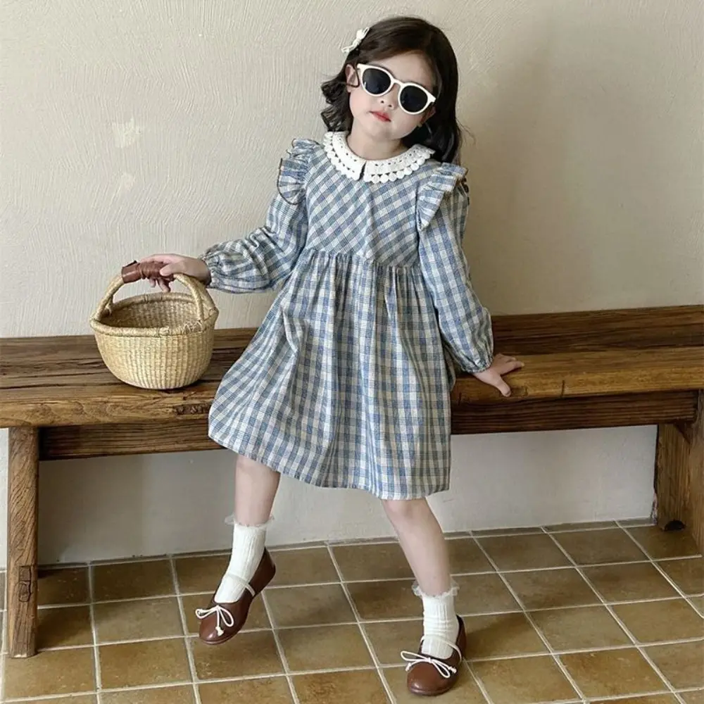 Bear Leader Korean Version Plain Color Girls Casual Dresses Autumn Fashionable Long Sleeved Checkered Printed Children's Dress