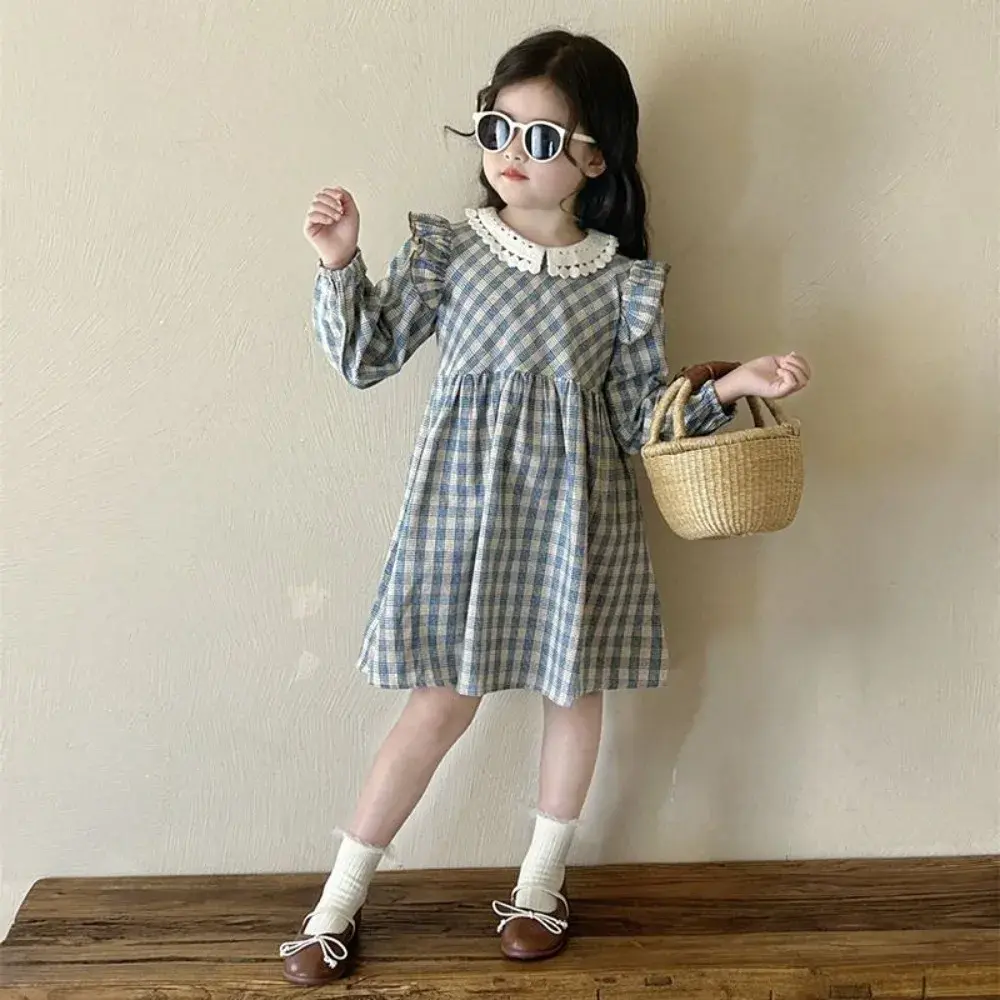 Bear Leader Korean Version Plain Color Girls Casual Dresses Autumn Fashionable Long Sleeved Checkered Printed Children's Dress