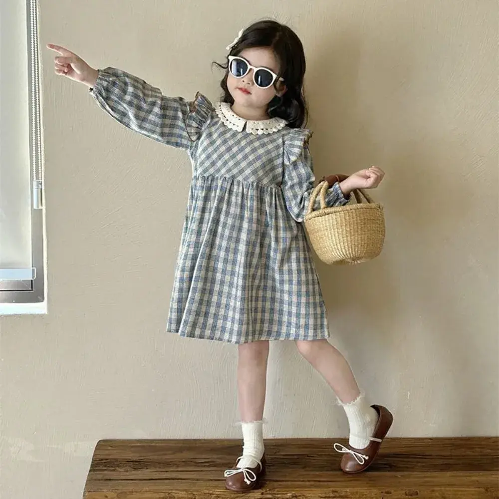 Bear Leader Korean Version Plain Color Girls Casual Dresses Autumn Fashionable Long Sleeved Checkered Printed Children's Dress