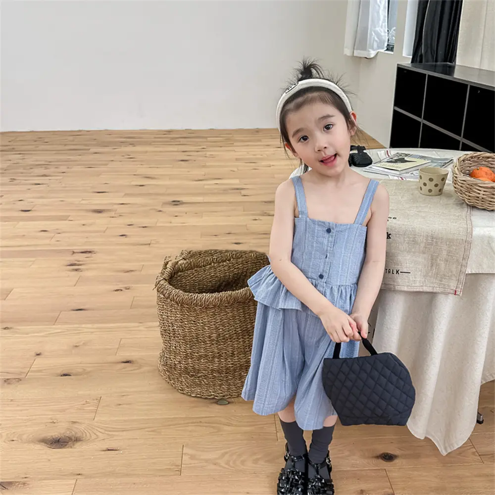 Bear Leader Girls Clothes 2023 Summer New Girls' Casual Ruffle Vertical Stripe Tank Top+Shorts Set Girls' Cute Set Kids Clothes