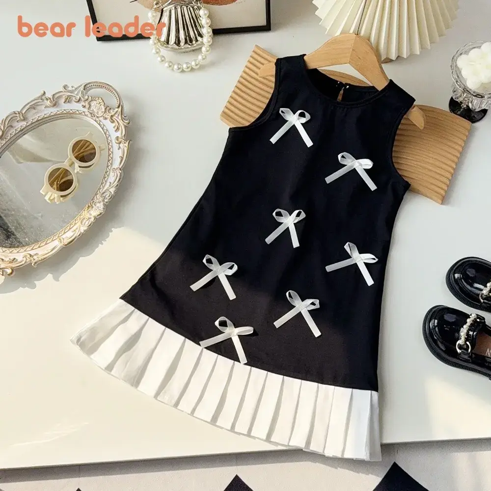 Bear Leader Summer Black Sleeveless Girls Dress Fashionable New Casual Kids Clothes Bow Decoration Splicing Princess Dresses