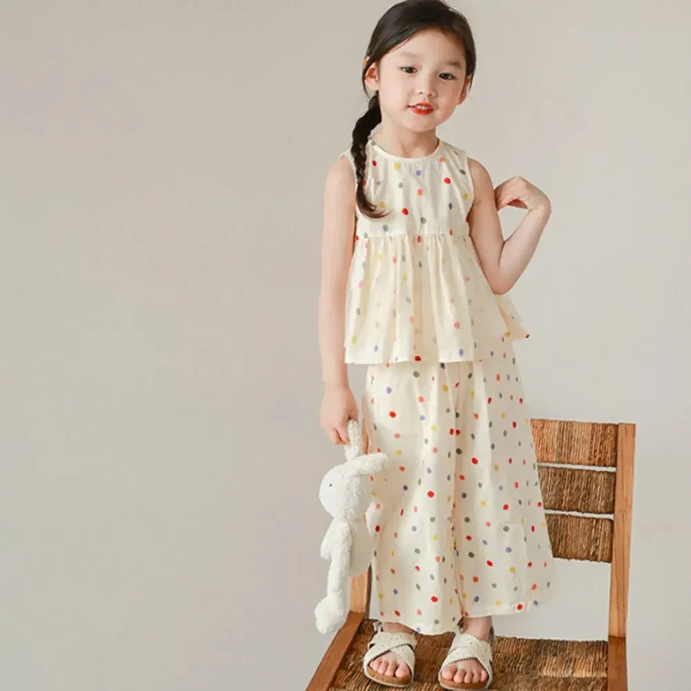 Bear Leader Summer Mesh Kids Sets Sleeveless Polka Dot Top + Wide Leg Pants 2 Pieces Suits Girls Clothing Casual Outfits 3-7 Y
