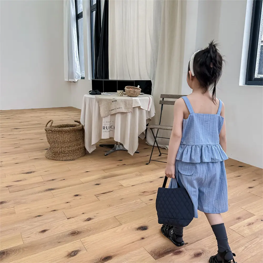 Bear Leader Girls Clothes 2023 Summer New Girls' Casual Ruffle Vertical Stripe Tank Top+Shorts Set Girls' Cute Set Kids Clothes