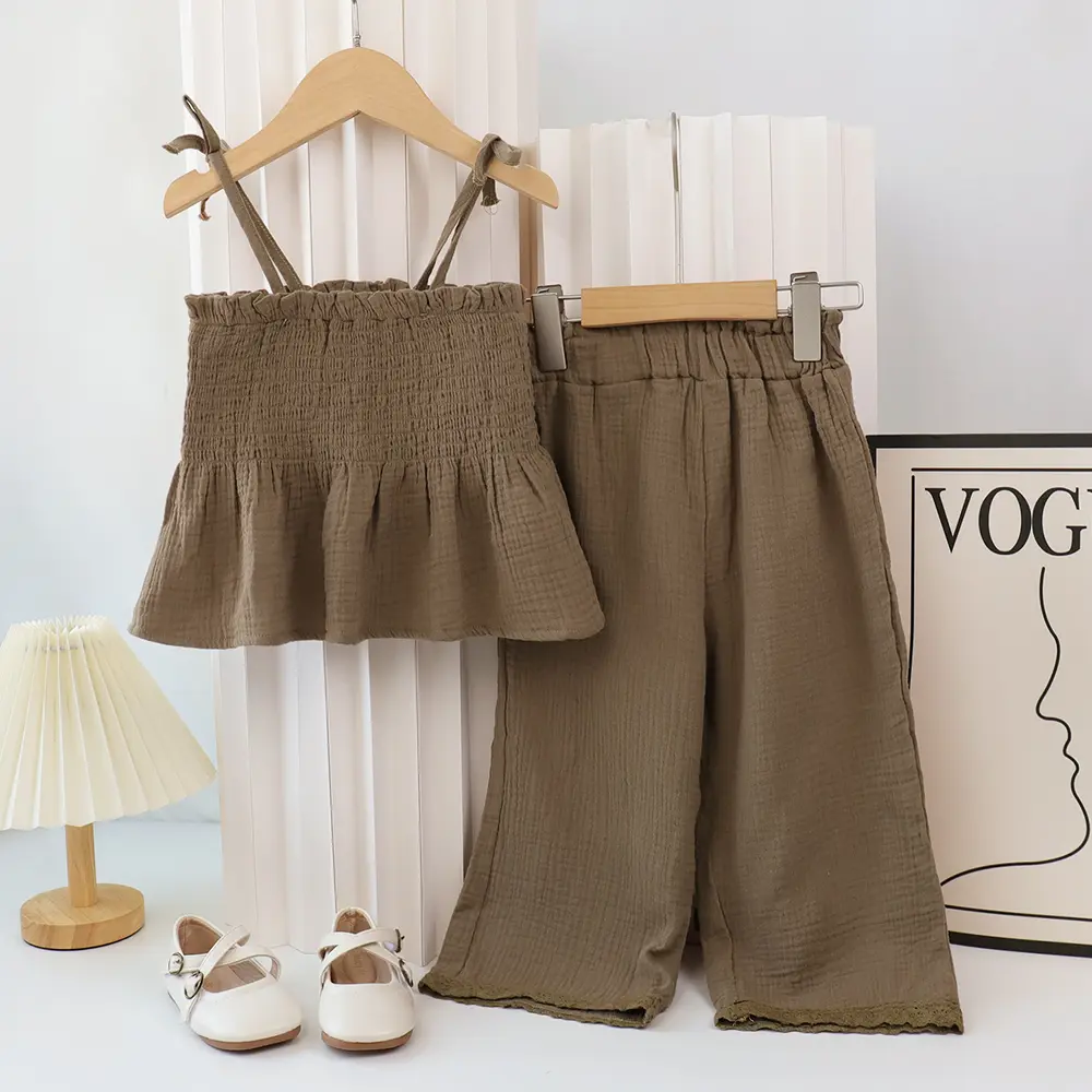 Bear Leader Korean Children Kids Clothing Set Girls Summer Organic Cotton  Camisole Top Lace Wide Leg Pants Trousers Outfits