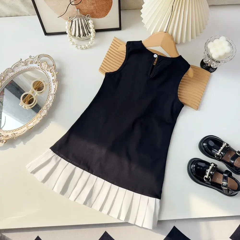 Bear Leader Summer Black Sleeveless Girls Dress Fashionable New Casual Kids Clothes Bow Decoration Splicing Princess Dresses
