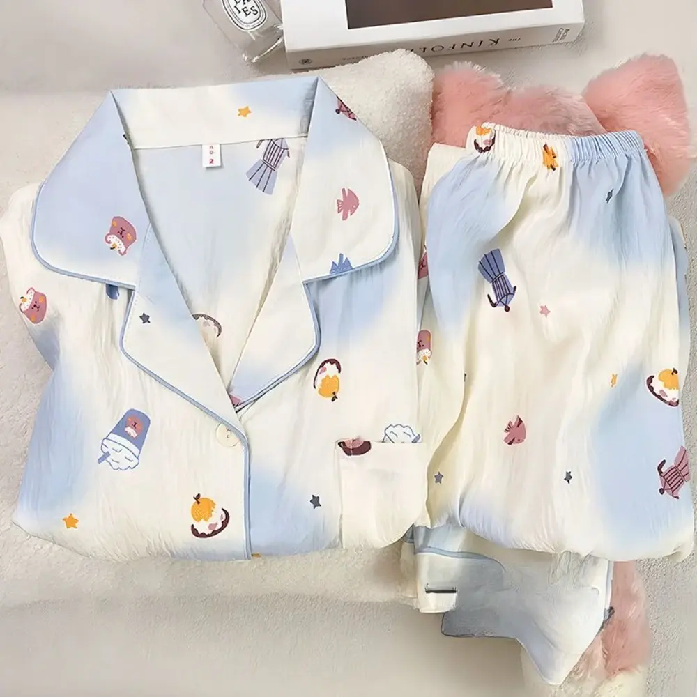 Bear Leader Spring/Autumn Korean Sweet Girl's Pajama Suit Color Printed Long Sleeve Collar Top+Pants Children's Two Piece Set