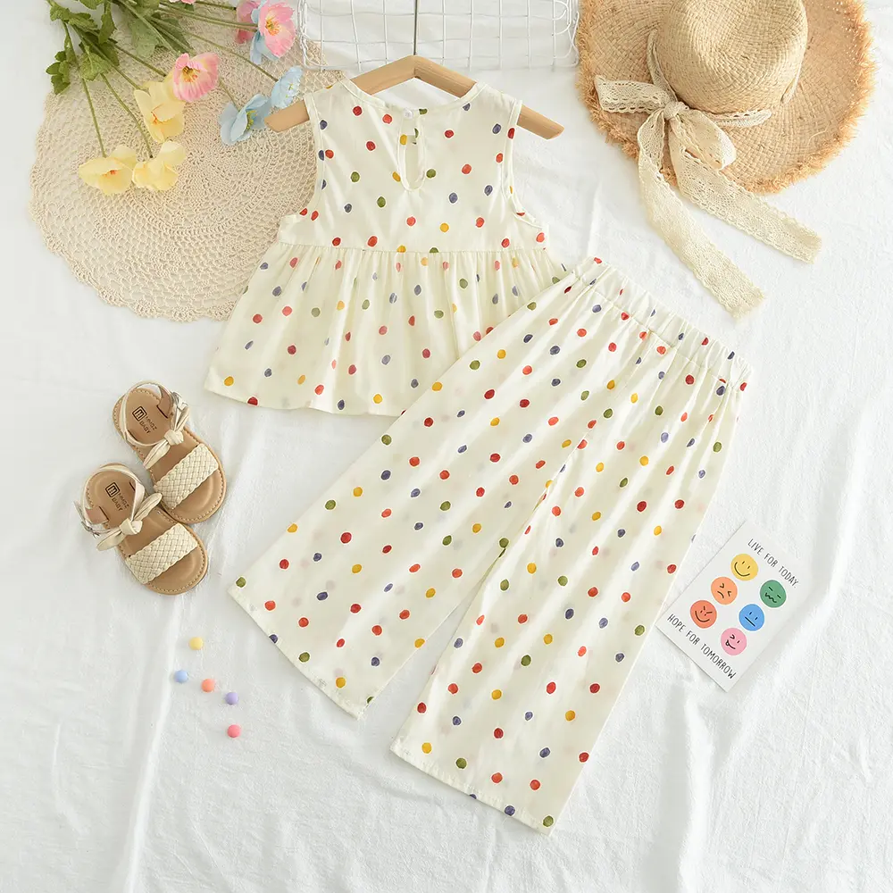 Bear Leader Summer Mesh Kids Sets Sleeveless Polka Dot Top + Wide Leg Pants 2 Pieces Suits Girls Clothing Casual Outfits 3-7 Y
