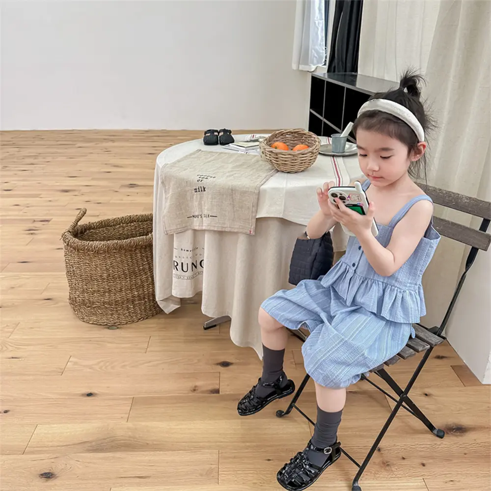 Bear Leader Girls Clothes 2023 Summer New Girls' Casual Ruffle Vertical Stripe Tank Top+Shorts Set Girls' Cute Set Kids Clothes