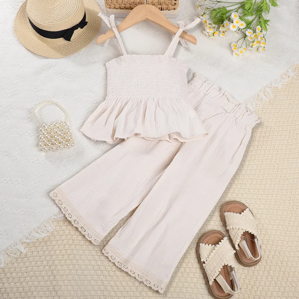 Bear Leader Korean Children Kids Clothing Set Girls Summer Organic Cotton  Camisole Top Lace Wide Leg Pants Trousers Outfits