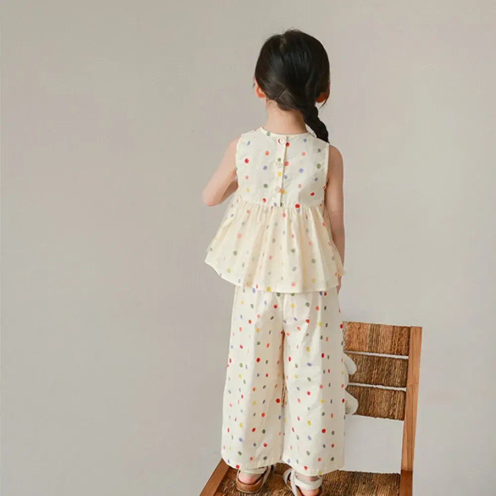 Bear Leader Summer Mesh Kids Sets Sleeveless Polka Dot Top + Wide Leg Pants 2 Pieces Suits Girls Clothing Casual Outfits 3-7 Y