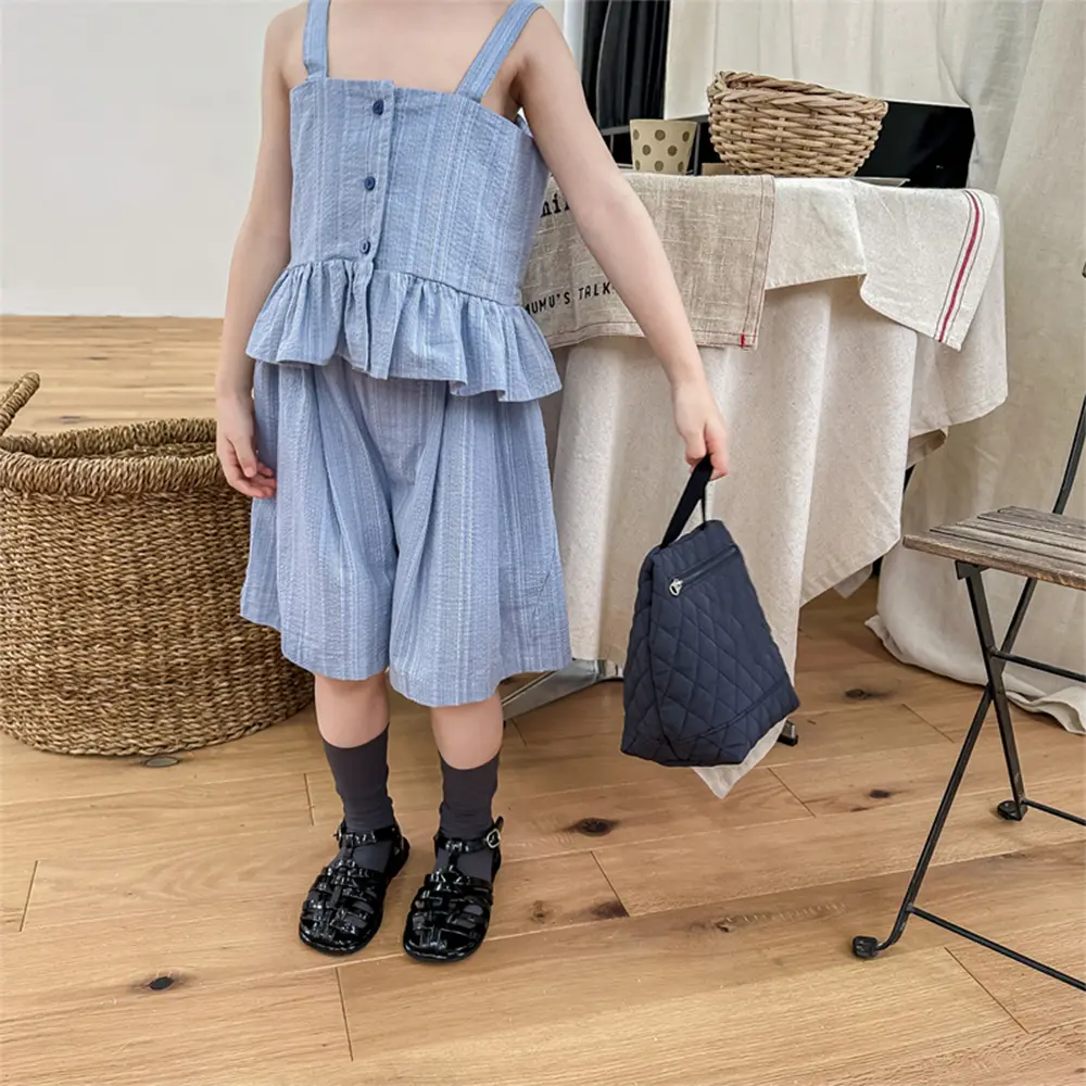 Bear Leader Girls Clothes 2023 Summer New Girls' Casual Ruffle Vertical Stripe Tank Top+Shorts Set Girls' Cute Set Kids Clothes