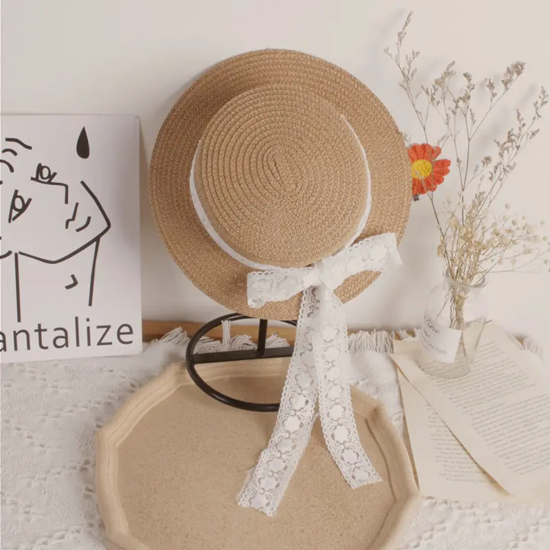 Bear Leader New Summer Children's Straw Hats Baby Girls Breathable Lace Cap Bow Beach Sun Hat Kids Princess Travel Sunshade Hat