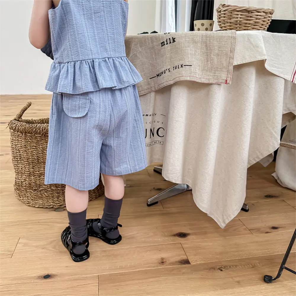 Bear Leader Girls Clothes 2023 Summer New Girls' Casual Ruffle Vertical Stripe Tank Top+Shorts Set Girls' Cute Set Kids Clothes