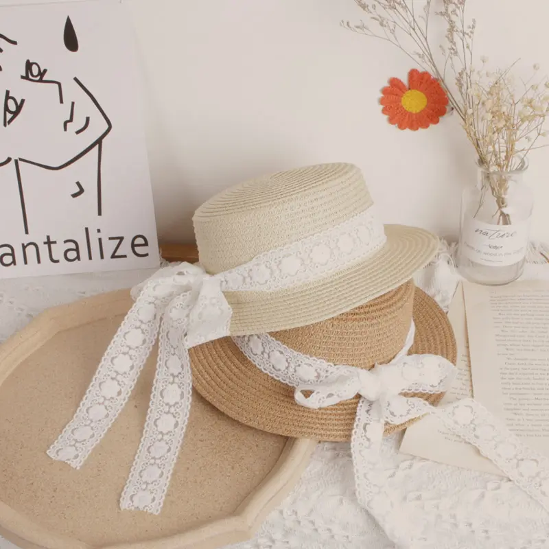 Bear Leader New Summer Children's Straw Hats Baby Girls Breathable Lace Cap Bow Beach Sun Hat Kids Princess Travel Sunshade Hat
