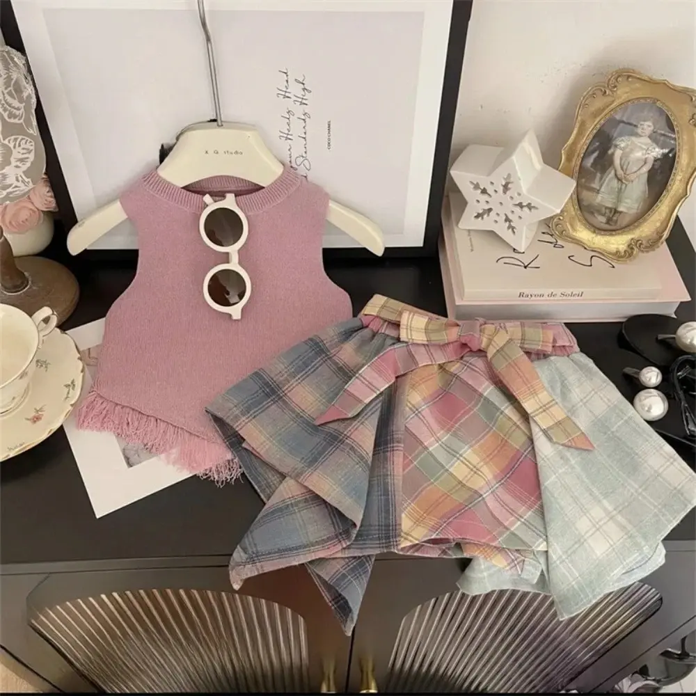Bear Leader Children's Clothing Summer Fashion Casual Girls Sets Pink Sleeveless Top+Checkered Printed Irregular Short Skirt