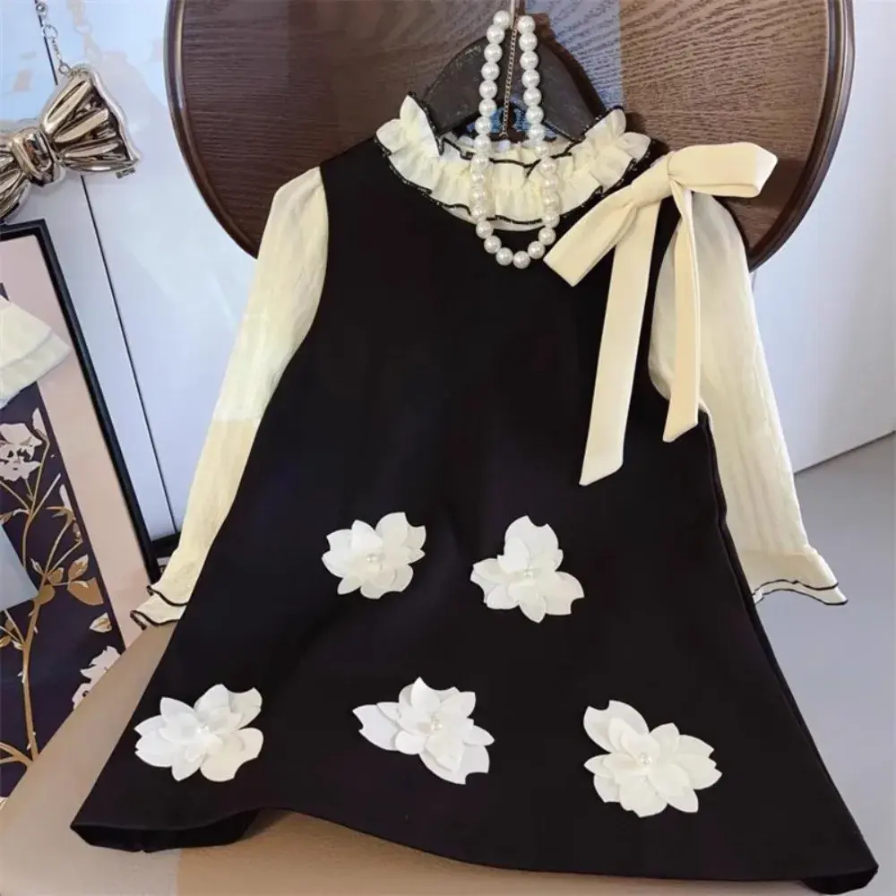 Bear Leader Spring and Autumn Girl Clothes Solid Color Long Sleeve Lace Round Neck Top+3D Flower Sleeveless Dress Two Piece Set