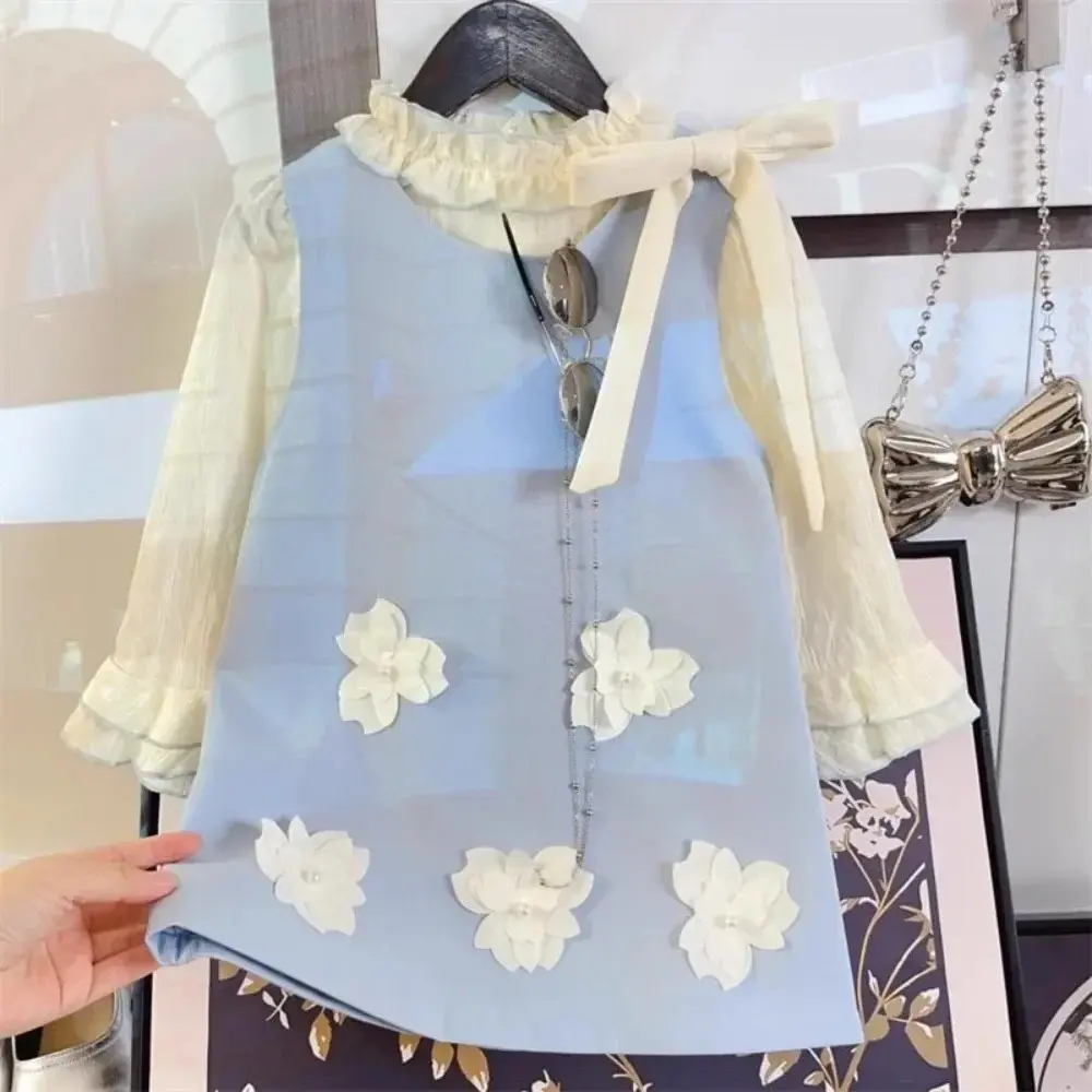 Bear Leader Spring and Autumn Girl Clothes Solid Color Long Sleeve Lace Round Neck Top+3D Flower Sleeveless Dress Two Piece Set