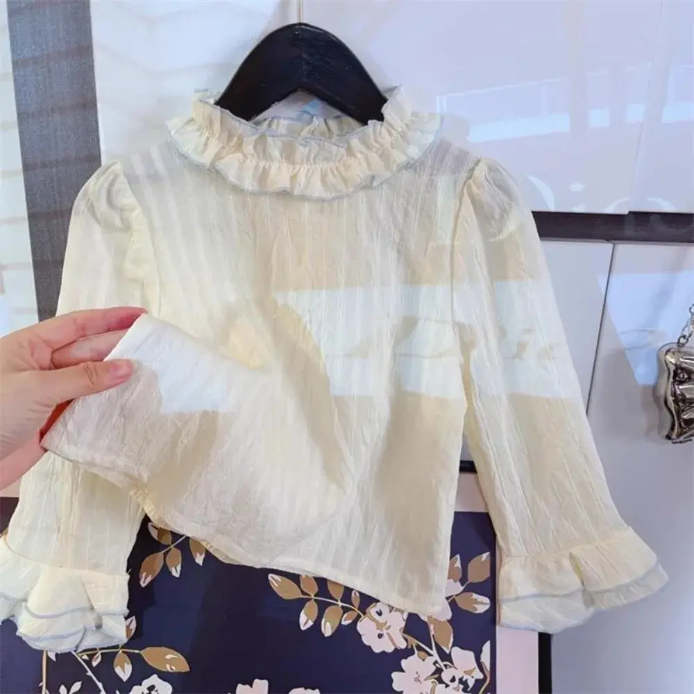 Bear Leader Spring and Autumn Girl Clothes Solid Color Long Sleeve Lace Round Neck Top+3D Flower Sleeveless Dress Two Piece Set