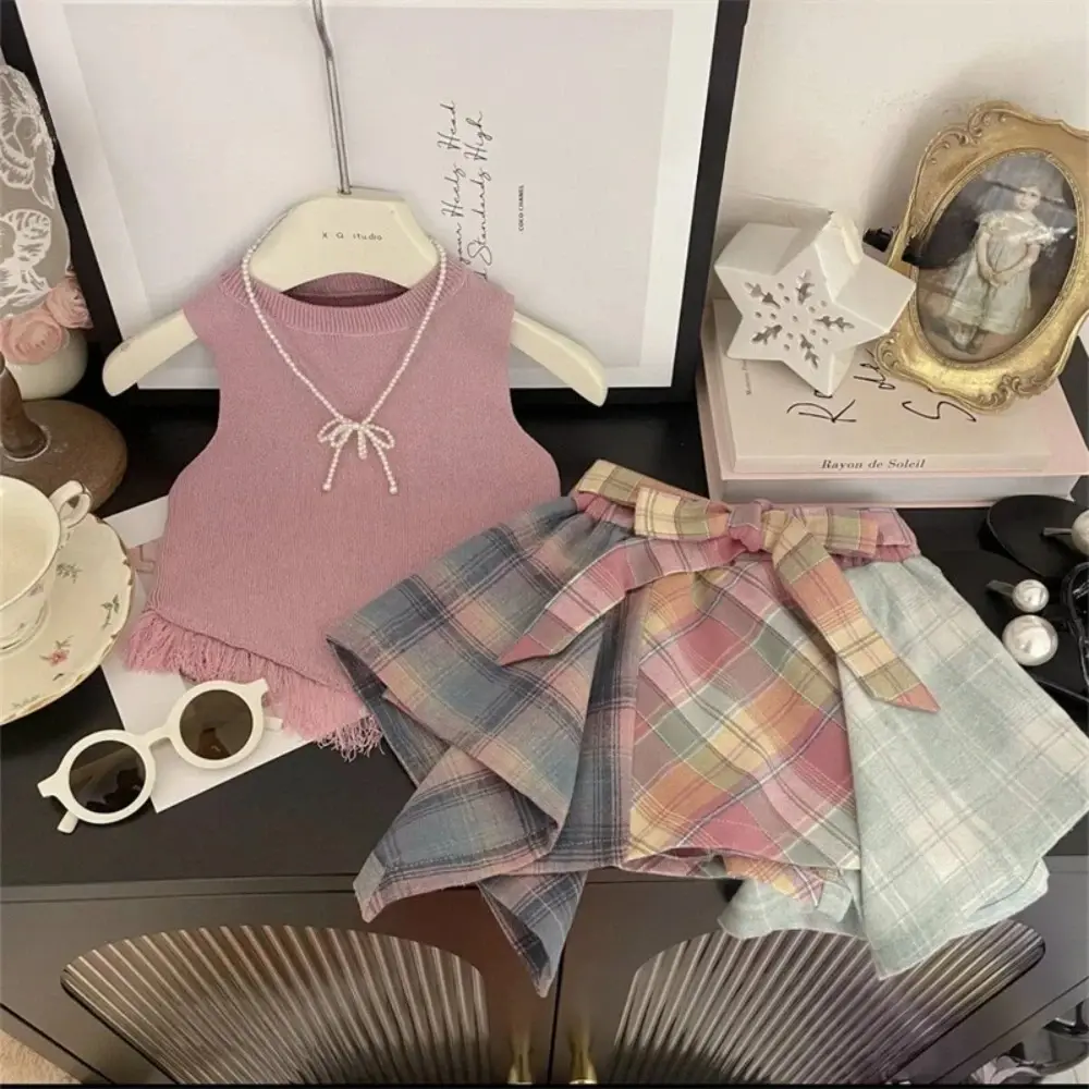 Bear Leader Children's Clothing Summer Fashion Casual Girls Sets Pink Sleeveless Top+Checkered Printed Irregular Short Skirt
