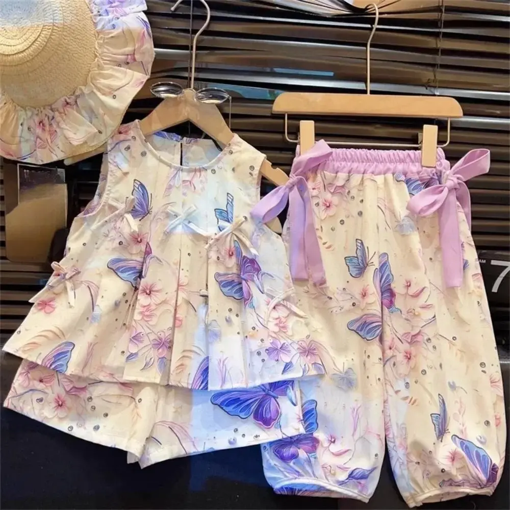 Bear Leader Summer Bow Decoration Kids Clothes Girls Butterfly Printed Sleeveless Top+Shorts+Pants Fashion Casual 3-Piece Set