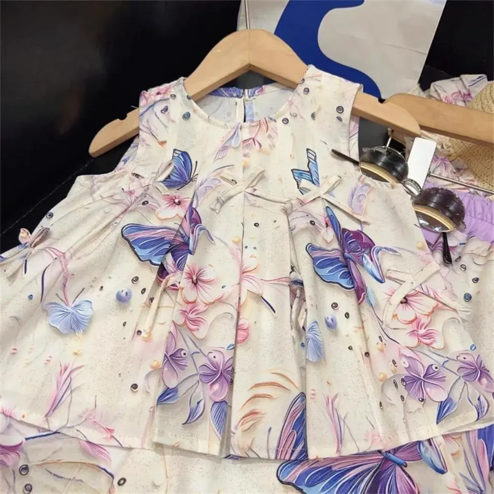 Bear Leader Summer Bow Decoration Kids Clothes Girls Butterfly Printed Sleeveless Top+Shorts+Pants Fashion Casual 3-Piece Set