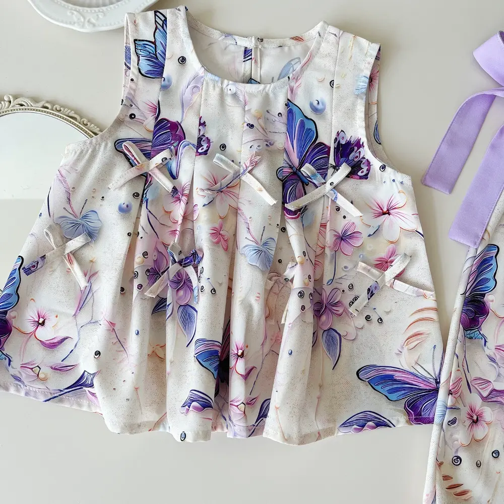 Bear Leader Summer Bow Decoration Kids Clothes Girls Butterfly Printed Sleeveless Top+Shorts+Pants Fashion Casual 3-Piece Set