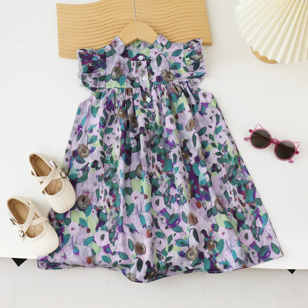 Bear Leader Girls' Dress 2023 Summer New Girls' Round Neck Flower Print Flying Sleeve Dress Fashion Children's Print Dress