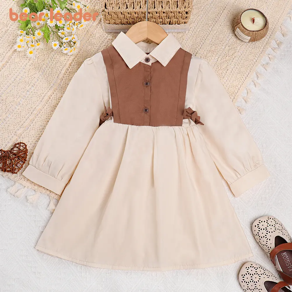 Bear Leader Girls' Dress Spring and Autumn New Fashion Polo Collar Panel Lace up Long Sleeve Dress Children's Casual Clothing