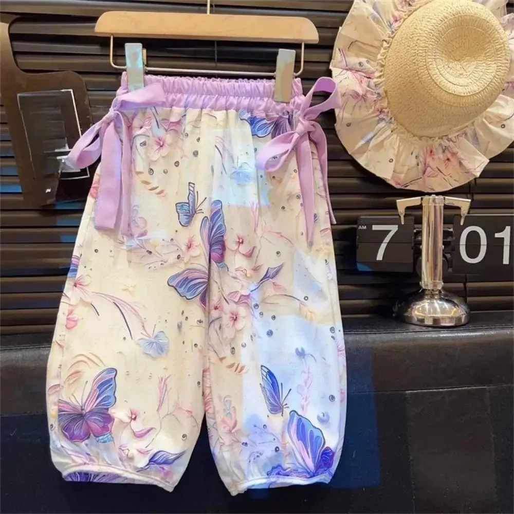 Bear Leader Summer Bow Decoration Kids Clothes Girls Butterfly Printed Sleeveless Top+Shorts+Pants Fashion Casual 3-Piece Set