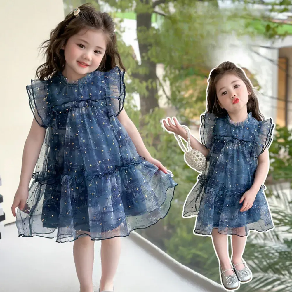 Bear Leader Summer Flying Sleeve Mesh Girls Casual Dresses Cute Princess Dress Poster Blue Sequin Decoration Children's Clothing