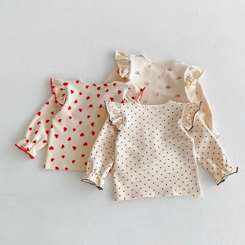 Bear Leader Autumn New Girls' Top Korean Version Polka Dot Love Flower Print Long Sleeved T-shirt Cute Children's Clothing