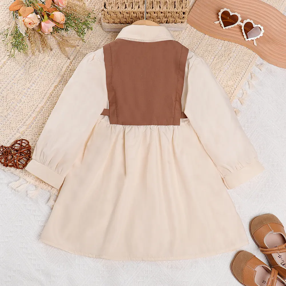 Bear Leader Girls' Dress Spring and Autumn New Fashion Polo Collar Panel Lace up Long Sleeve Dress Children's Casual Clothing