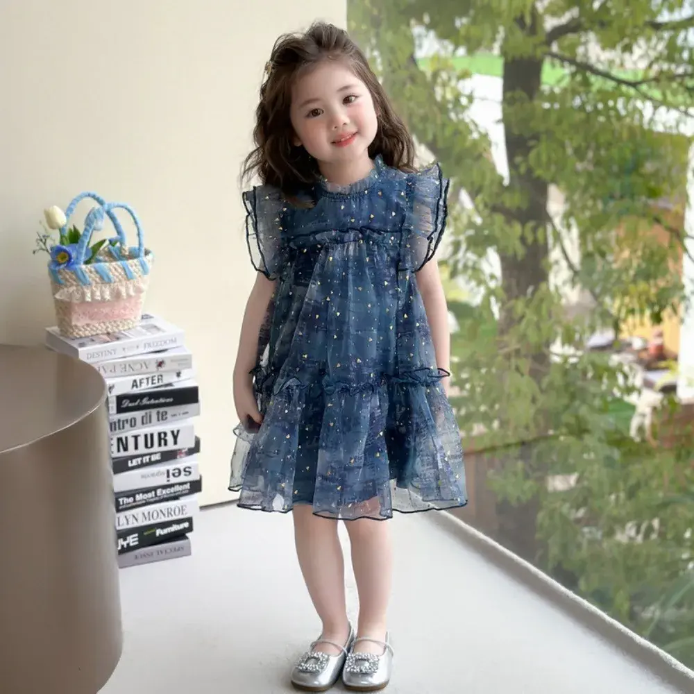 Bear Leader Summer Flying Sleeve Mesh Girls Casual Dresses Cute Princess Dress Poster Blue Sequin Decoration Children's Clothing