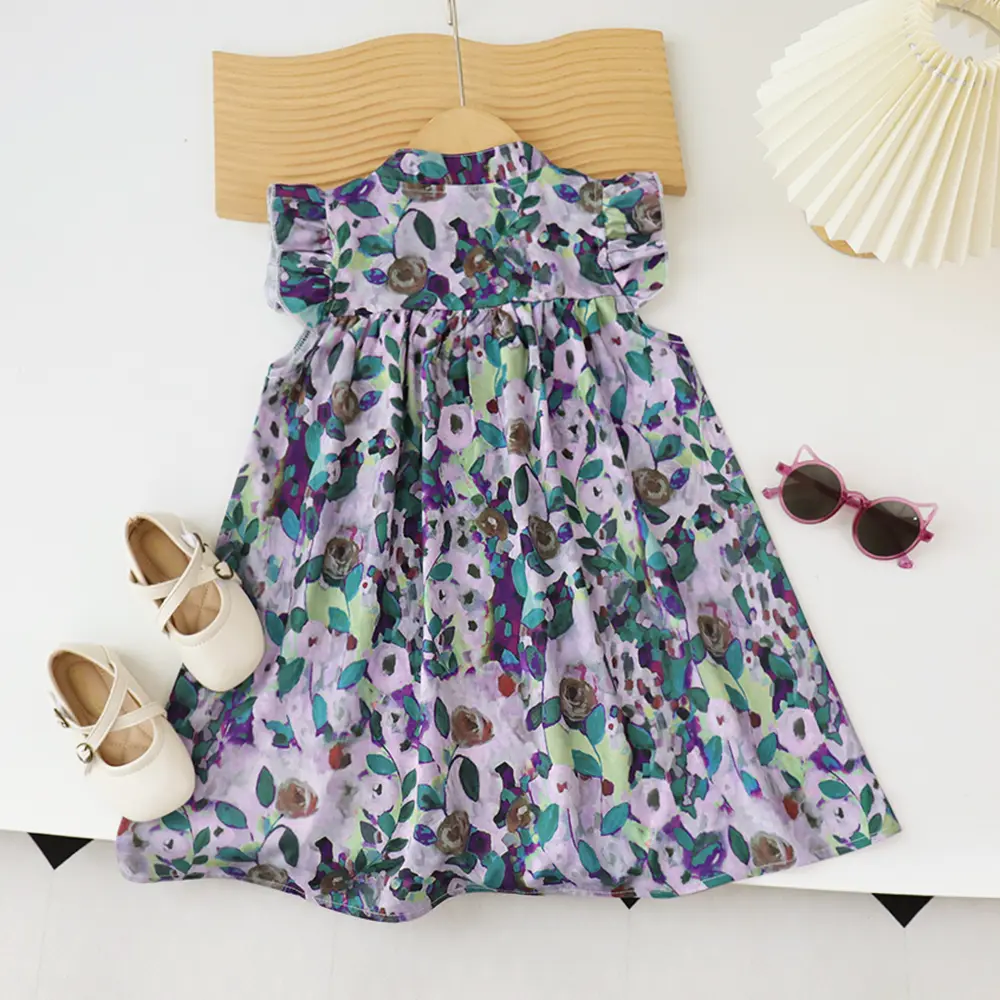Bear Leader Girls' Dress 2023 Summer New Girls' Round Neck Flower Print Flying Sleeve Dress Fashion Children's Print Dress