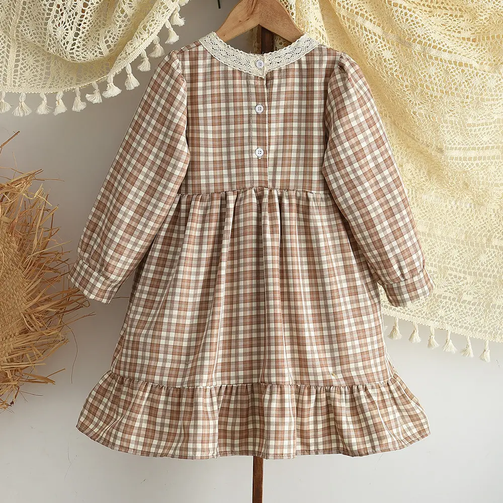 Bear Leader Korean Retro Girls Dresses Fashionable New Checkered Printed Long Sleeved Kids Dress Autumn Children's Clothing